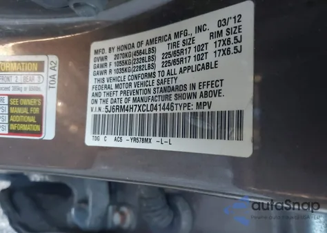 2012 Honda Cr-V Exl z USA, uszkodzony, nr VIN 5J6RM4H7XCL041446